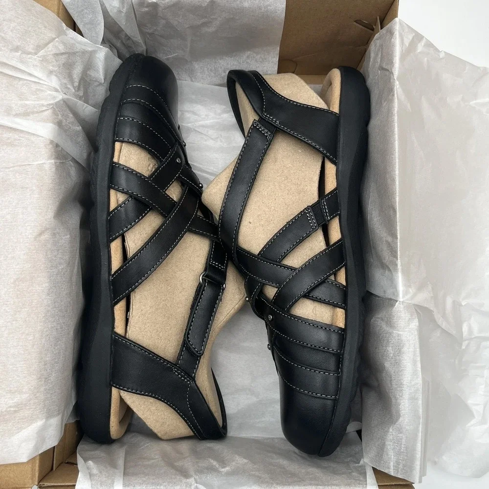 Clarks Elizabelle Sea Womens Leather Fisherman Sandals Size 8.5 Black Adjustable